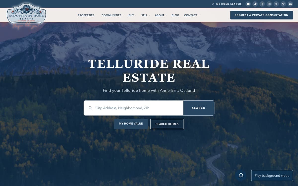 Mountain Rose Realty's website homepage